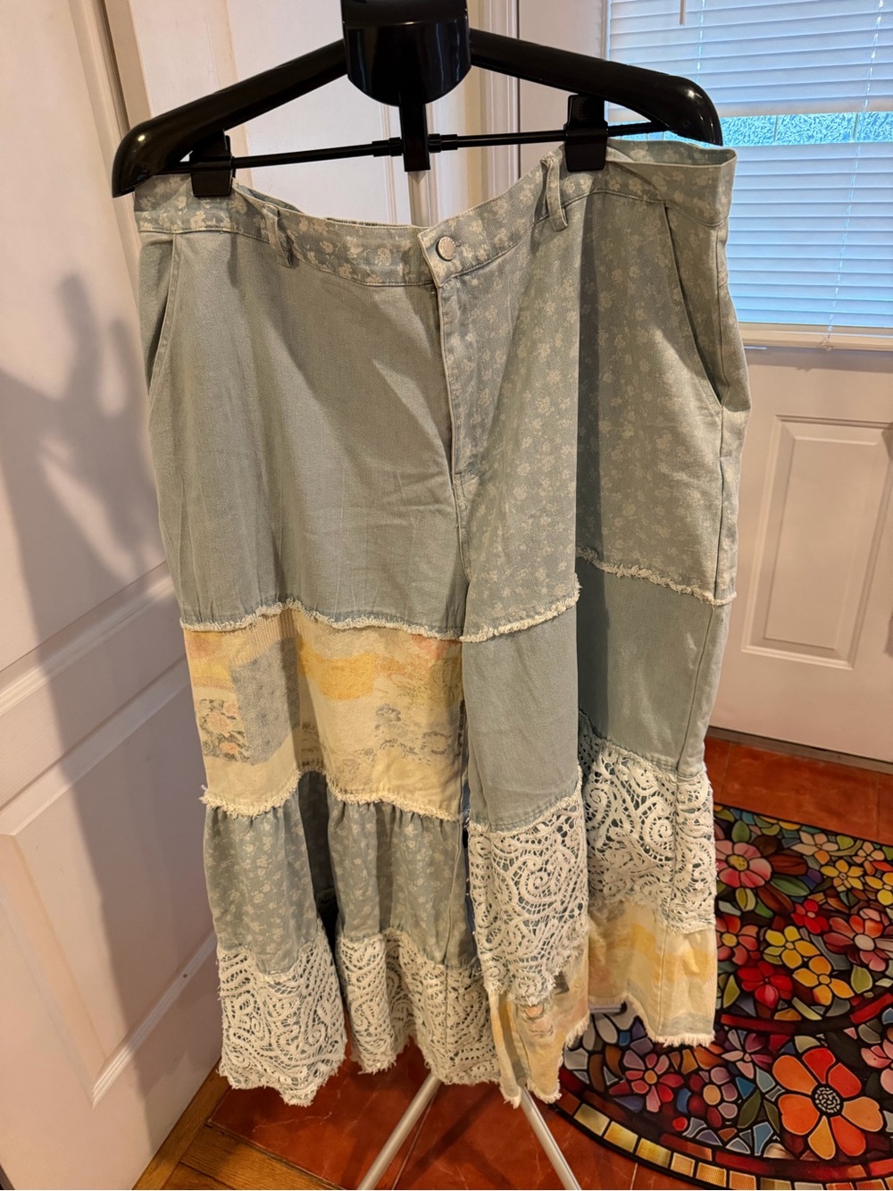 Davi & Dani Patchwork Tiered wide leg jeans Light Blue and Cream floral NWT 1X